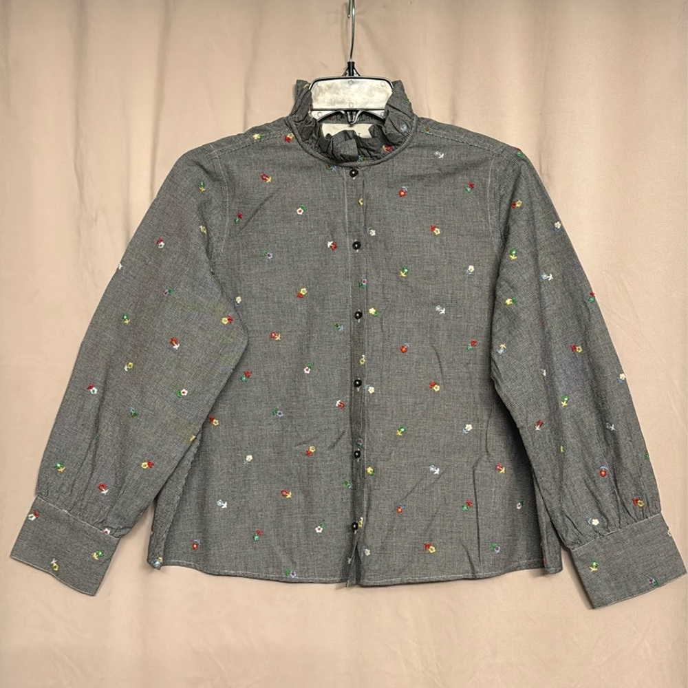 The GREAT. Flower Embroidered Micro Plaid Top, Size 0 XS Color Black/White